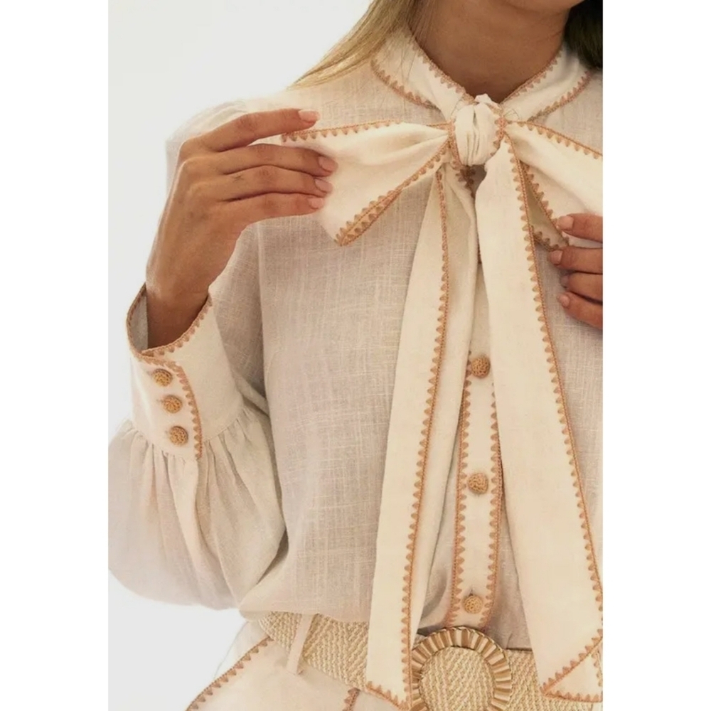 Cream Tie-Neck Blouse with Tan Trim